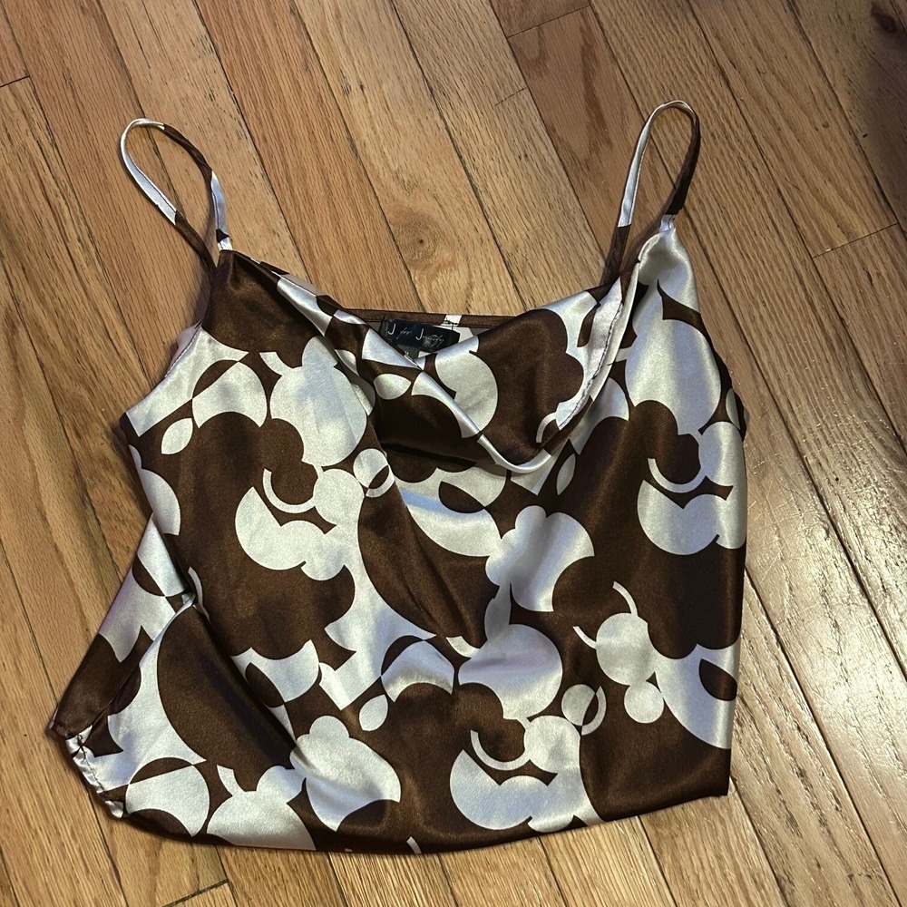 J for Justify Brown Cream Satin Cowl Neck Cami Top Abstract Print Medium T29-10